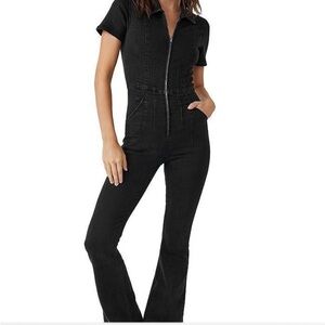 Free People Jayde Twill Flare Black Zip-Up Jumpsuit